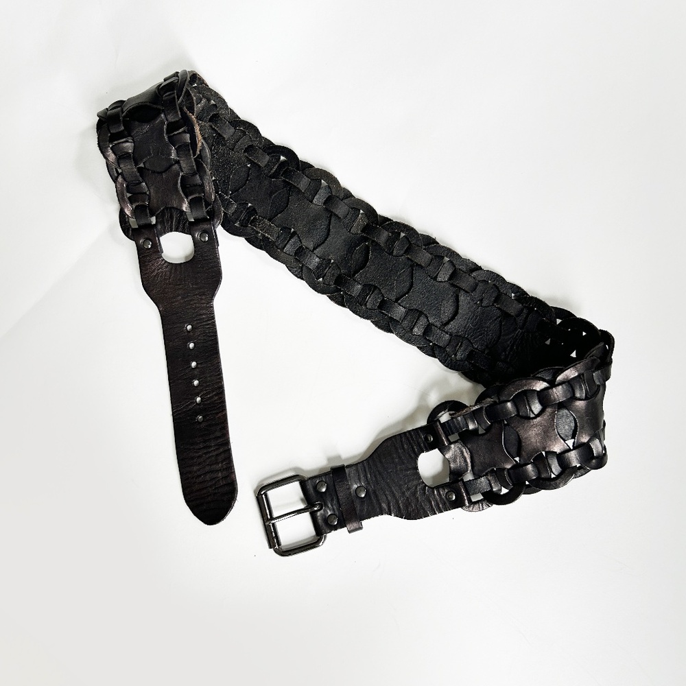 Wide Woven Dark Brown Genuine Leather Belt